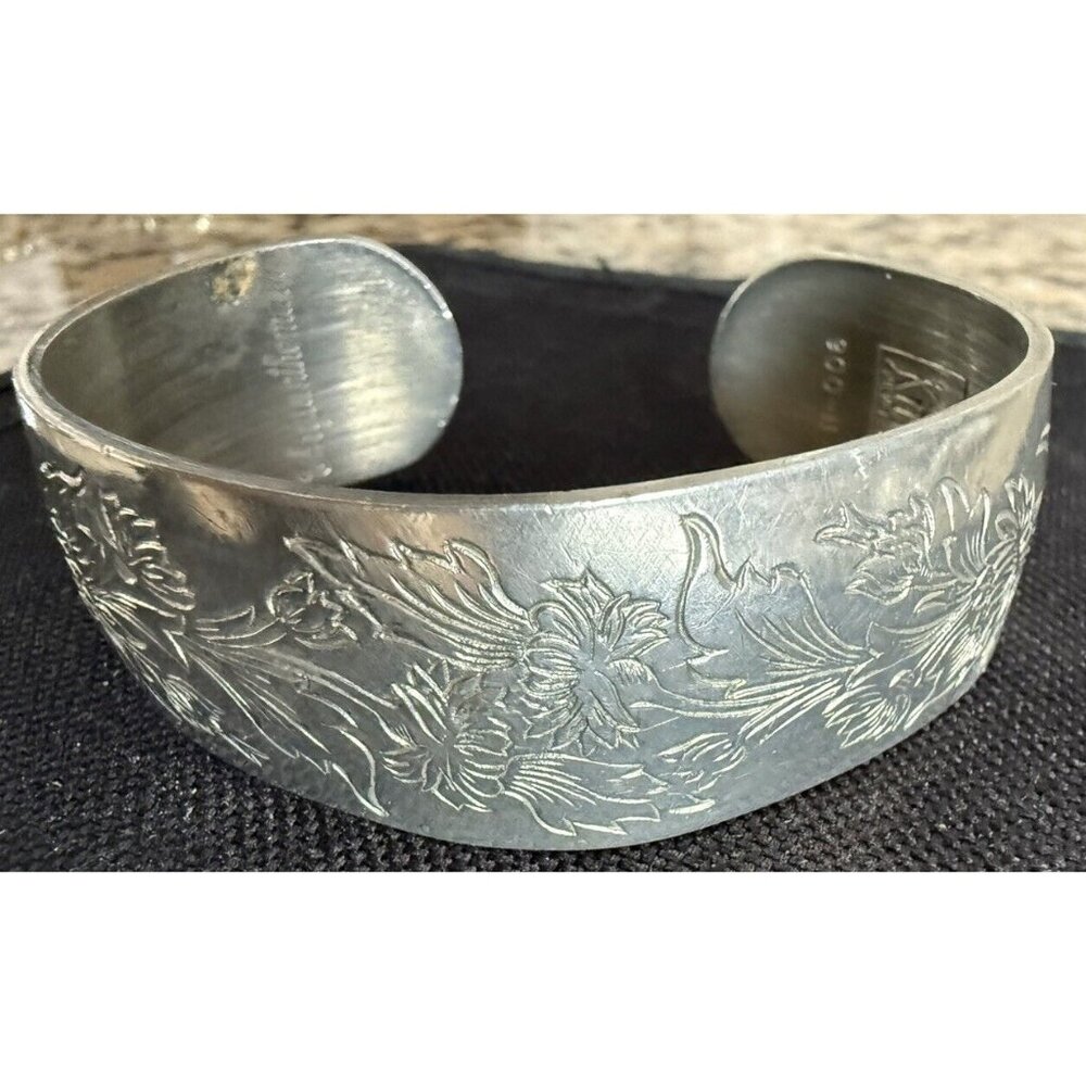 Signed Kirk Pewter 900-11 Cuff Bracelet Etched Floral Design